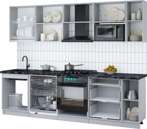 Изображение товара Кухонный гарнитур Интерлиния Мила Gloss 2.7-ПМ2 (пепел/яблоко глянец/травертин серый)