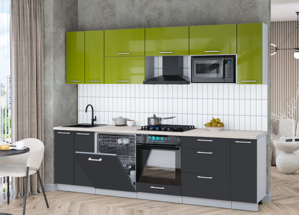 Изображение товара Кухонный гарнитур Интерлиния Мила Gloss 2.7-ПМ2 (пепел/яблоко глянец/травертин серый)