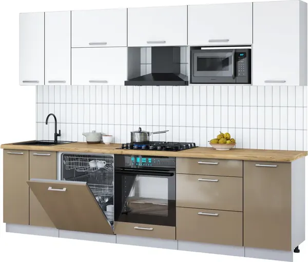 Изображение товара Кухонный гарнитур Interline Мила Gloss 2.8-ПМ2 (капучино глянец/белый/дуб бунратти)