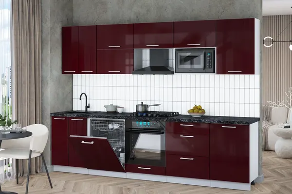 Изображение товара Кухонный гарнитур Interline Мила Gloss 2.9-ПМ2 (бордовый глянец/бордовый глянец/кастилло темный)