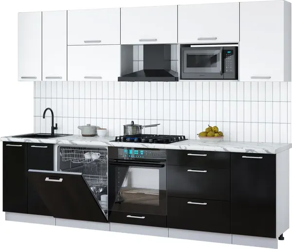 Изображение товара Кухонный гарнитур Interline Мила Gloss 2.8-ПМ2 (черный глянец/белый/белый гранит)