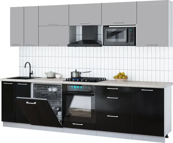Изображение товара Кухонный гарнитур Interline Мила Gloss 2.9-ПМ2 (черный глянец/грей/бискайская сосна)