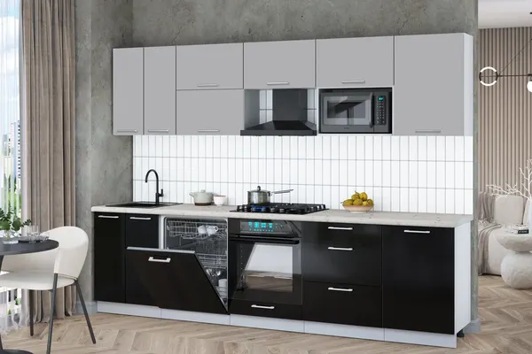 Изображение товара Кухонный гарнитур Interline Мила Gloss 2.9-ПМ2 (черный глянец/грей/бискайская сосна)