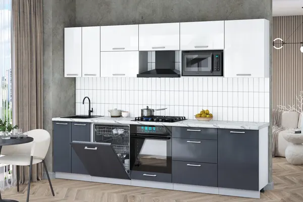 Изображение товара Кухонный гарнитур Interline Мила Gloss 2.9-ПМ2 (асфальт глянец/белый глянец/белый гранит)