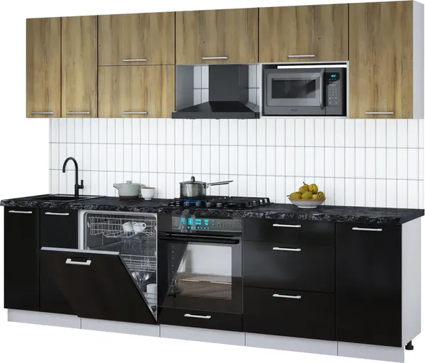 Изображение товара Кухонный гарнитур Interline Мила Gloss 2.8-ПМ2 (черный глянец/дуб вотан/кастилло темный)