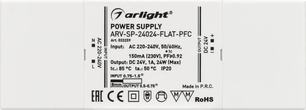 Изображение товара Блок питания для светильника Arlight ARV-SP-24024-FLAT-PFC 24V 1A 24W / 033259