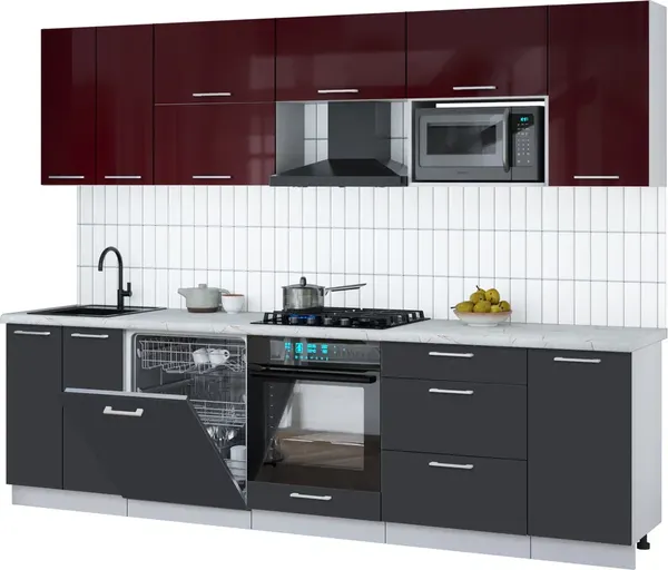 Изображение товара Кухонный гарнитур Interline Мила Gloss 2.8-ПМ2 (пепел/бордовый глянец/серый каспий)