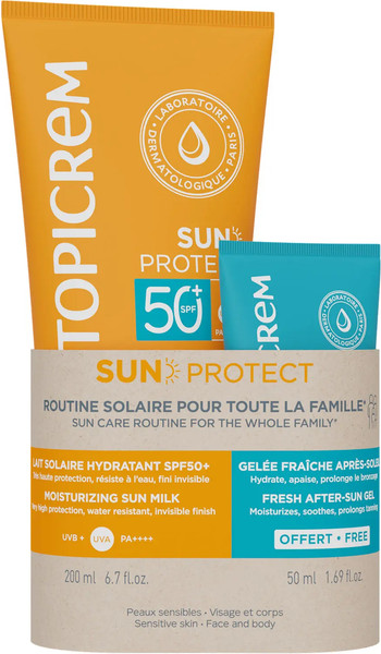 Изображение товара Набор косметики для тела Topicrem Sun Protect Солнцезащитное молочко SPF50+Желе п/загара (200мл+50мл)
