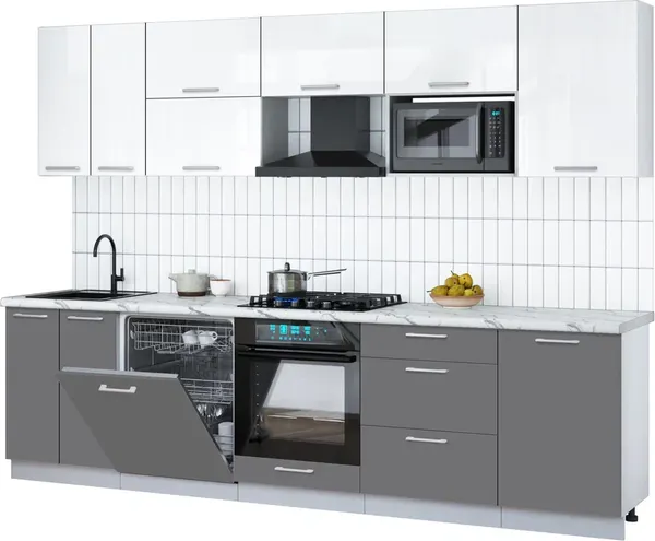 Изображение товара Кухонный гарнитур Interline Мила Gloss 2.9-ПМ2 (серый/белый глянец/белый гранит)