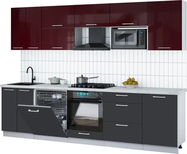Изображение товара Кухонный гарнитур Interline Мила Gloss 2.9-ПМ2 (пепел/бордовый глянец/серый каспий)