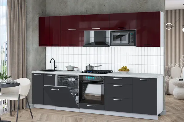 Изображение товара Кухонный гарнитур Interline Мила Gloss 2.9-ПМ2 (пепел/бордовый глянец/серый каспий)
