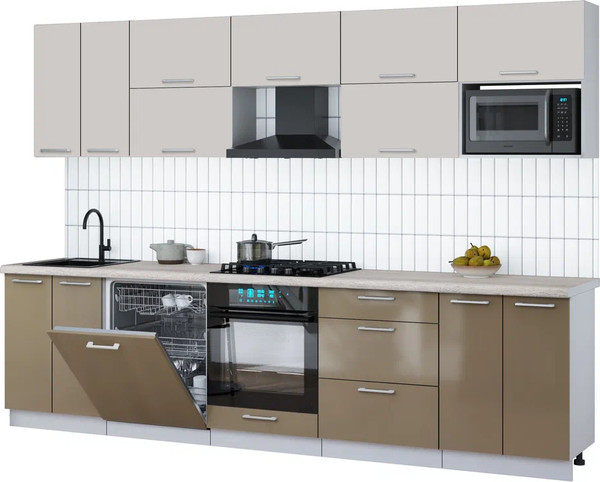 Изображение товара Кухонный гарнитур Интерлиния Мила Gloss 3.0-ПМ2 (капучино глянец/кашемир/травертин серый)