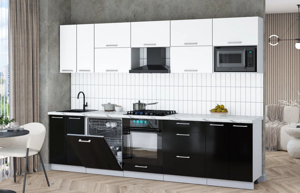 Изображение товара Кухонный гарнитур Интерлиния Мила Gloss 3.0-ПМ2 (черный глянец/белый/белый гранит)