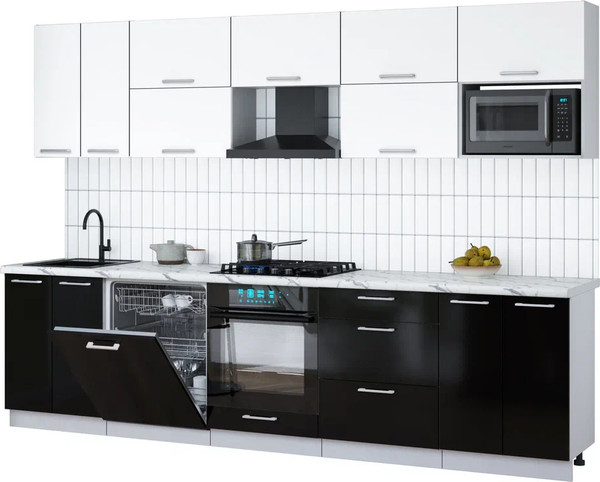 Изображение товара Кухонный гарнитур Интерлиния Мила Gloss 3.0-ПМ2 (черный глянец/белый/белый гранит)