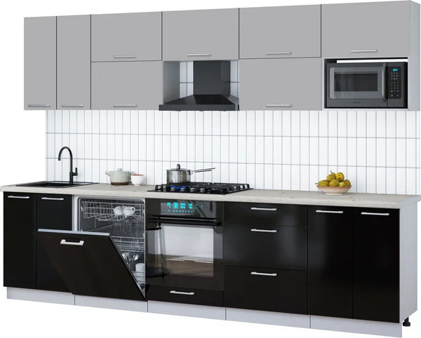 Изображение товара Кухонный гарнитур Интерлиния Мила Gloss 3.0-ПМ2 (черный глянец/грей/бискайская сосна)
