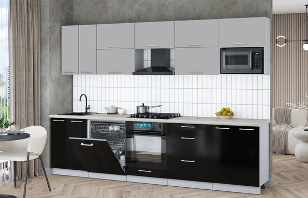 Изображение товара Кухонный гарнитур Интерлиния Мила Gloss 3.0-ПМ2 (черный глянец/грей/бискайская сосна)