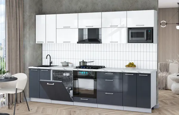 Изображение товара Кухонный гарнитур Interline Мила Gloss 3.0-ПМ2 (асфальт глянец/белый глянец/белый гранит)