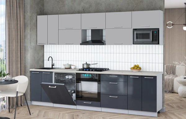 Изображение товара Кухонный гарнитур Интерлиния Мила Gloss 3.0-ПМ2 (асфальт глянец/грей/бискайская сосна)