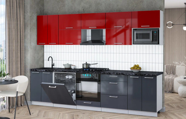 Изображение товара Кухонный гарнитур Интерлиния Мила Gloss 3.0-ПМ2 (асфальт глянец/красный глянец/кастилло темный)