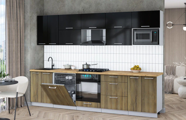 Изображение товара Кухонный гарнитур Интерлиния Мила Gloss 3.0-ПМ2 (дуб вотан/черный глянец/дуб бунратти)