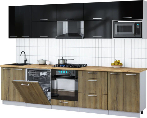 Изображение товара Кухонный гарнитур Интерлиния Мила Gloss 3.0-ПМ2 (дуб вотан/черный глянец/дуб бунратти)