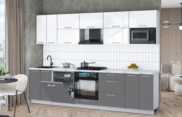 Изображение товара Кухонный гарнитур Интерлиния Мила Gloss 3.0-ПМ2 (серый/белый глянец/белый гранит)