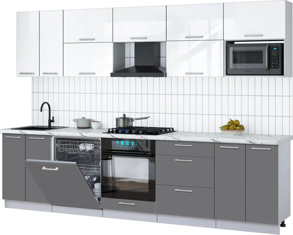Изображение товара Кухонный гарнитур Интерлиния Мила Gloss 3.0-ПМ2 (серый/белый глянец/белый гранит)