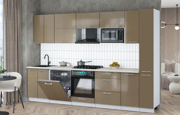 Изображение товара Кухонный гарнитур Interline Мила Gloss 3.1-ПМ2 (капучино глянец/капучино глянец/бискайская сосна)