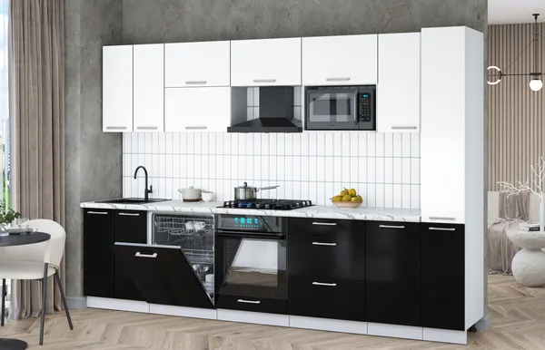 Изображение товара Кухонный гарнитур Interline Мила Gloss 3.1-ПМ2 (черный глянец/белый/белый гранит)