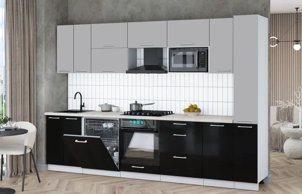 Изображение товара Кухонный гарнитур Interline Мила Gloss 3.1-ПМ2 (черный глянец/грей/бискайская сосна)