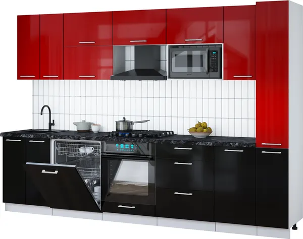 Изображение товара Кухонный гарнитур Interline Мила Gloss 3.1-ПМ2 (черный глянец/красный глянец/кастилло темный)