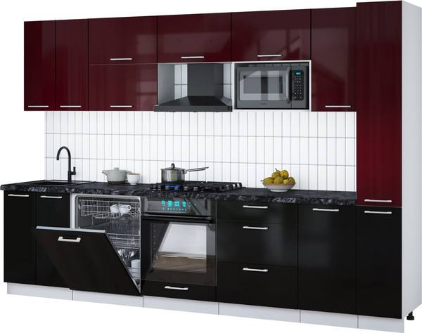 Изображение товара Кухонный гарнитур Interline Мила Gloss 3.1-ПМ2 (черный глянец/бордовый глянец/кастилло темный)