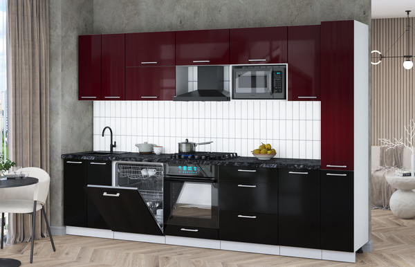 Изображение товара Кухонный гарнитур Interline Мила Gloss 3.1-ПМ2 (черный глянец/бордовый глянец/кастилло темный)