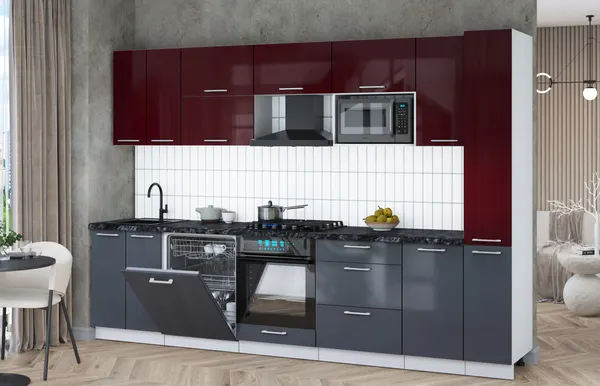 Изображение товара Кухонный гарнитур Interline Мила Gloss 3.1-ПМ2 (асфальт глянец/бордовый глянец/кастилло темный)