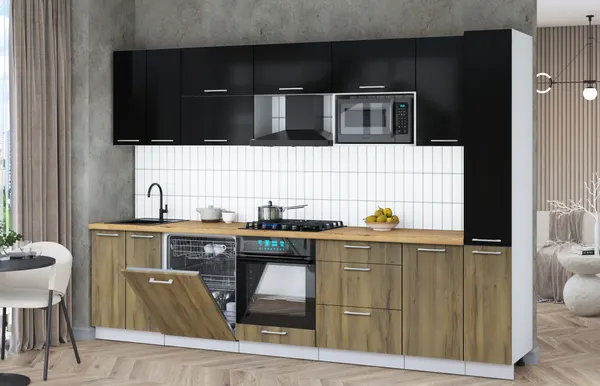 Изображение товара Кухонный гарнитур Interline Мила Gloss 3.1-ПМ2 (дуб вотан/черный глянец/дуб бунратти)