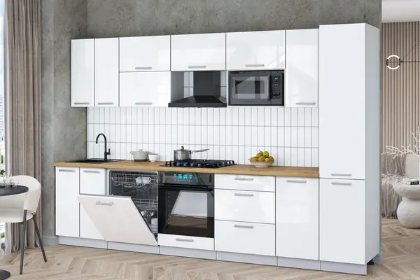 Изображение товара Кухонный гарнитур Interline Мила Gloss 3.2-ПМ2 (белый глянец/белый глянец/дуб бунратти)