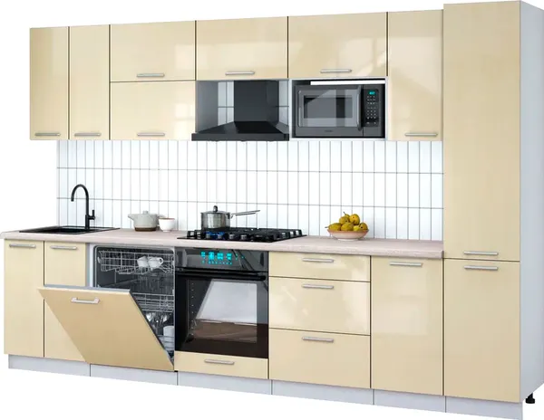 Изображение товара Кухонный гарнитур Interline Мила Gloss 3.2-ПМ2 (ваниль глянец/ваниль глянец/травертин серый)