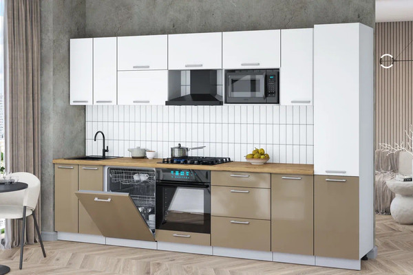 Изображение товара Кухонный гарнитур Интерлиния Мила Gloss 3.2-ПМ2 (капучино глянец/белый/дуб бунратти)