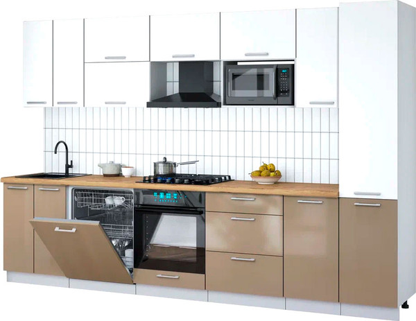 Изображение товара Кухонный гарнитур Интерлиния Мила Gloss 3.2-ПМ2 (капучино глянец/белый/дуб бунратти)