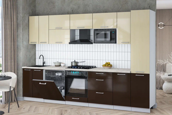 Изображение товара Кухонный гарнитур Интерлиния Мила Gloss 3.2-ПМ2 (шоколад глянец/ваниль глянец/травертин серый)