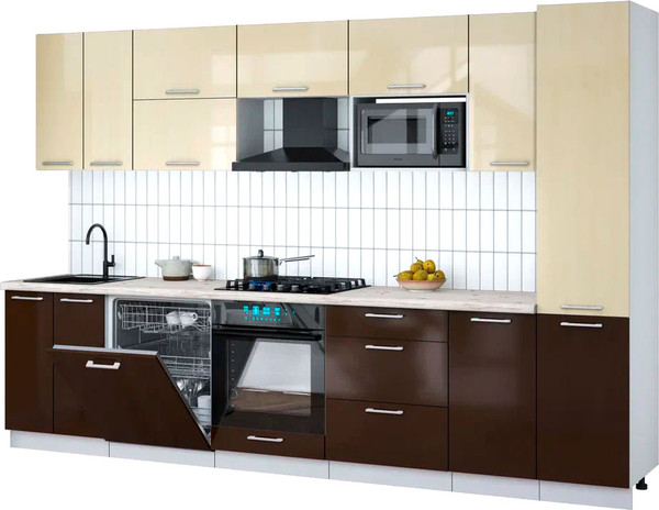 Изображение товара Кухонный гарнитур Интерлиния Мила Gloss 3.2-ПМ2 (шоколад глянец/ваниль глянец/травертин серый)