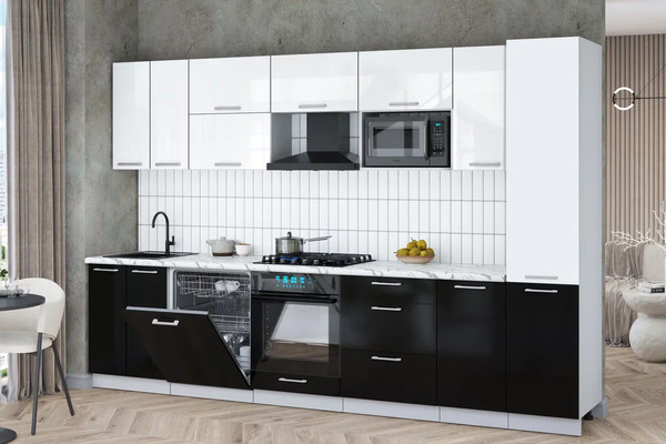 Изображение товара Кухонный гарнитур Интерлиния Мила Gloss 3.2-ПМ2 (черный глянец/белый глянец/белый гранит)