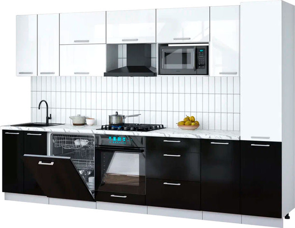 Изображение товара Кухонный гарнитур Интерлиния Мила Gloss 3.2-ПМ2 (черный глянец/белый глянец/белый гранит)