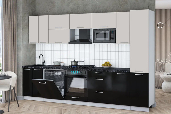 Изображение товара Кухонный гарнитур Интерлиния Мила Gloss 3.2-ПМ2 (черный глянец/кашемир/кастилло темный)