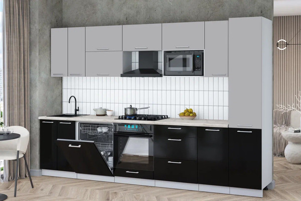 Изображение товара Кухонный гарнитур Интерлиния Мила Gloss 3.2-ПМ2 (черный глянец/грей/бискайская сосна)