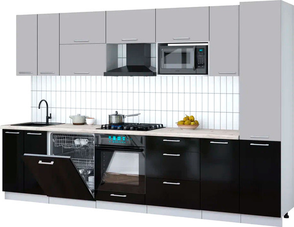 Изображение товара Кухонный гарнитур Интерлиния Мила Gloss 3.2-ПМ2 (черный глянец/грей/бискайская сосна)