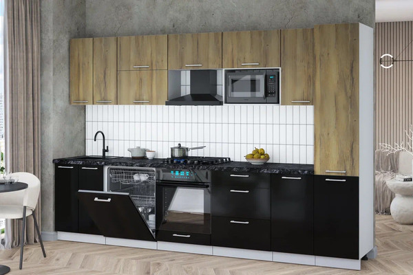 Изображение товара Кухонный гарнитур Интерлиния Мила Gloss 3.2-ПМ2 (черный глянец/дуб вотан/кастилло темный)