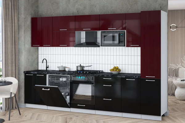 Изображение товара Кухонный гарнитур Интерлиния Мила Gloss 3.2-ПМ2 (черный глянец/бордовый глянец/кастилло темный)