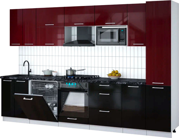 Изображение товара Кухонный гарнитур Интерлиния Мила Gloss 3.2-ПМ2 (черный глянец/бордовый глянец/кастилло темный)