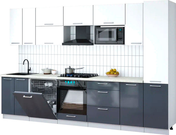 Изображение товара Кухонный гарнитур Интерлиния Мила Gloss 3.2-ПМ2 (асфальт глянец/белый/опал светлый)